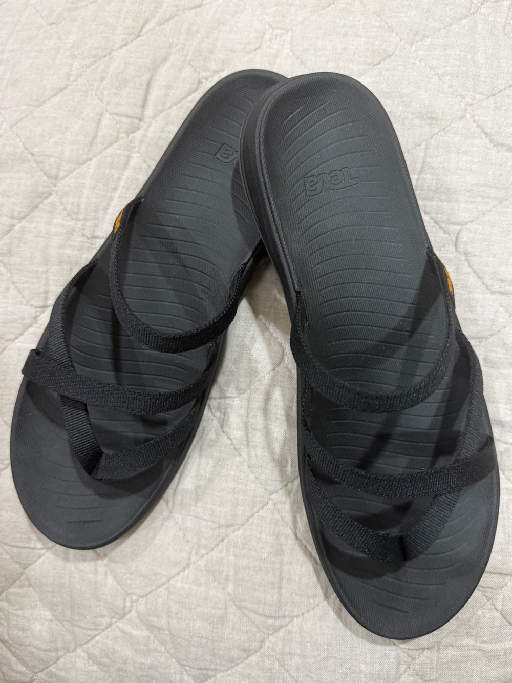 Teva Black Slide Sandals with Subtle Yellow Tab